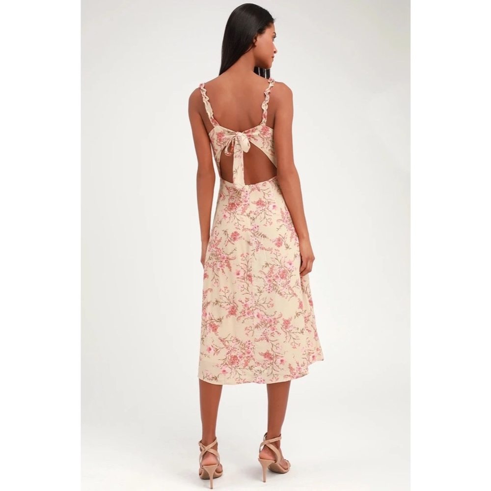 LULUS Sunny Meadow Peach Floral Tie Midi Dress NWT